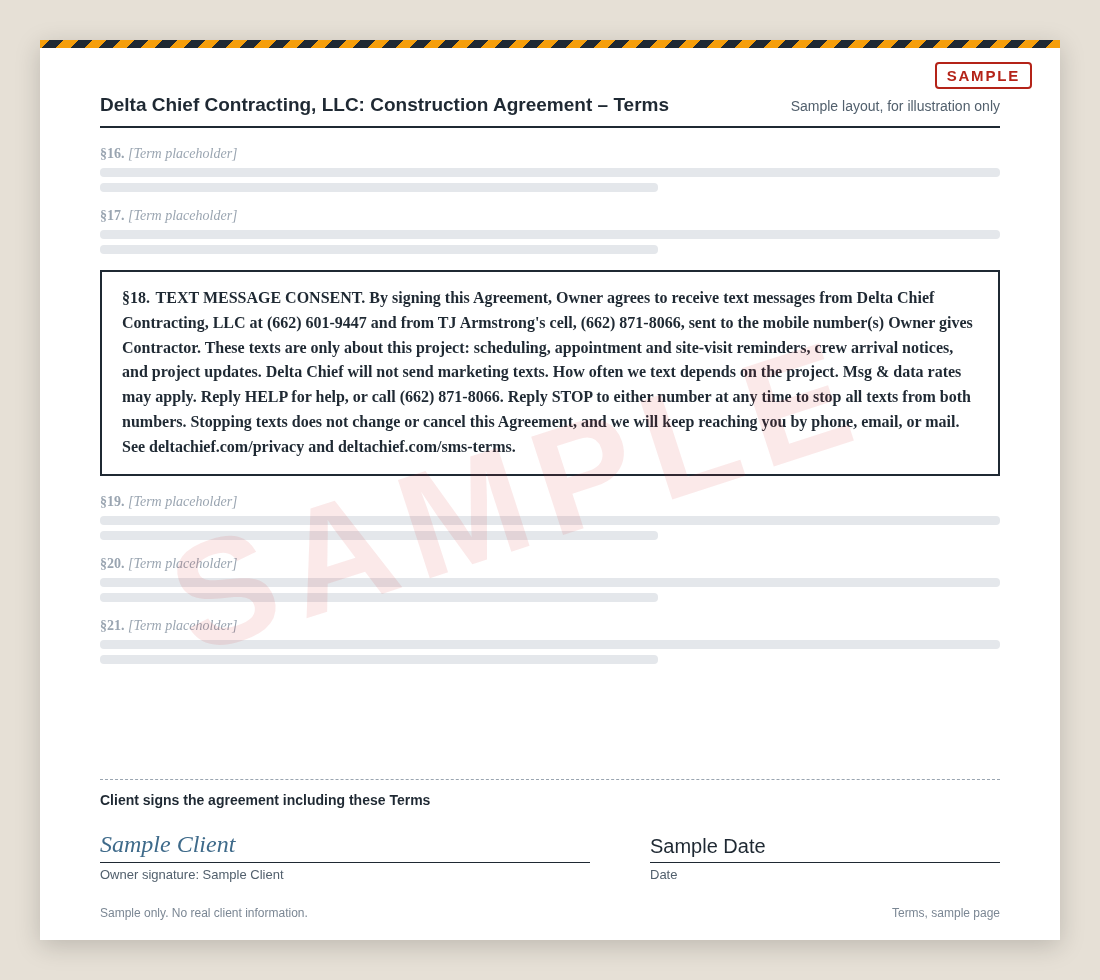 Sample Terms page from a Delta Chief Contracting client construction agreement, titled Construction Agreement – Terms and marked SAMPLE. The bold, standalone client Text Message Consent section, numbered §18, appears in the signed contract terms (sample layout), between greyed-out placeholder terms. At the bottom of the page, a note reads Client signs the agreement including these Terms, above signature lines for Owner (Sample Client) and the date (Sample Date).