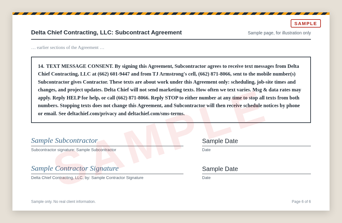 Sample page from a Delta Chief Contracting subcontract agreement, marked SAMPLE. The bold, standalone subcontract Text Message Consent section sits directly above the signature block. Below it are signature lines for Subcontractor (Sample Subcontractor, dated Sample Date) and for Delta Chief Contracting, LLC (Sample Contractor Signature, Sample Date).