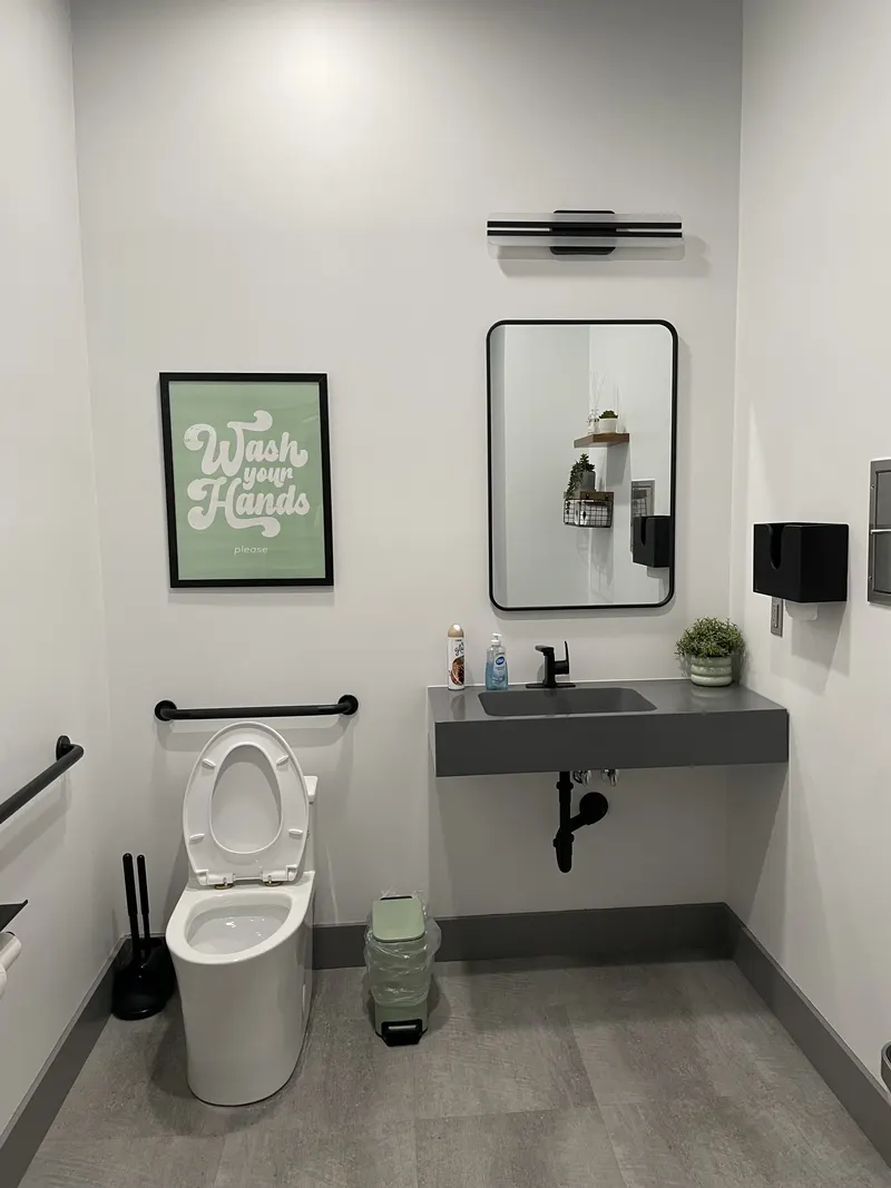 Bathroom with gray wall-mounted sink, black mirror and light bar, toilet and grab bars